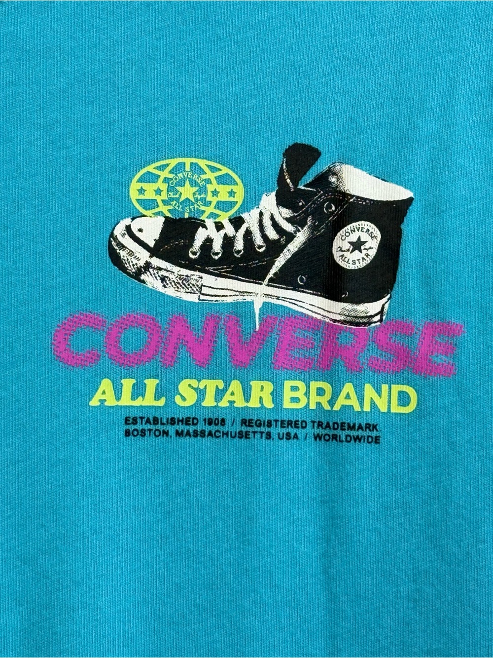 Converse Kids' Turquoise Tee with Black Sneaker Graphic and Neon Accents